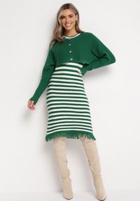 Born2be - Zielony 2-Częściowy Komplet Midi Sukienka w Paski z Frędzlami i Krótki Kardigan z Cyrkoniami Emoncja. Kolor: zielony. Wzór: paski