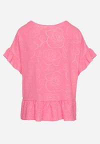 Born2be - Fuksjowa Bluzka o Kroju Oversize z Falbanami Livelle. Okazja: na co dzień. Kolor: różowy. Materiał: jeans. Długość rękawa: krótki rękaw. Długość: krótkie. Styl: casual