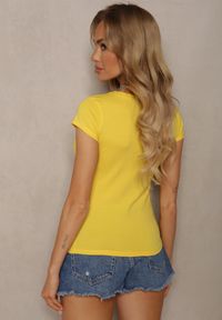 Renee - Żółty T-shirt z Bawełny z Aplikacją z Cyrkonii Fierana. Okazja: na co dzień. Kolor: żółty. Materiał: bawełna. Wzór: aplikacja. Styl: casual