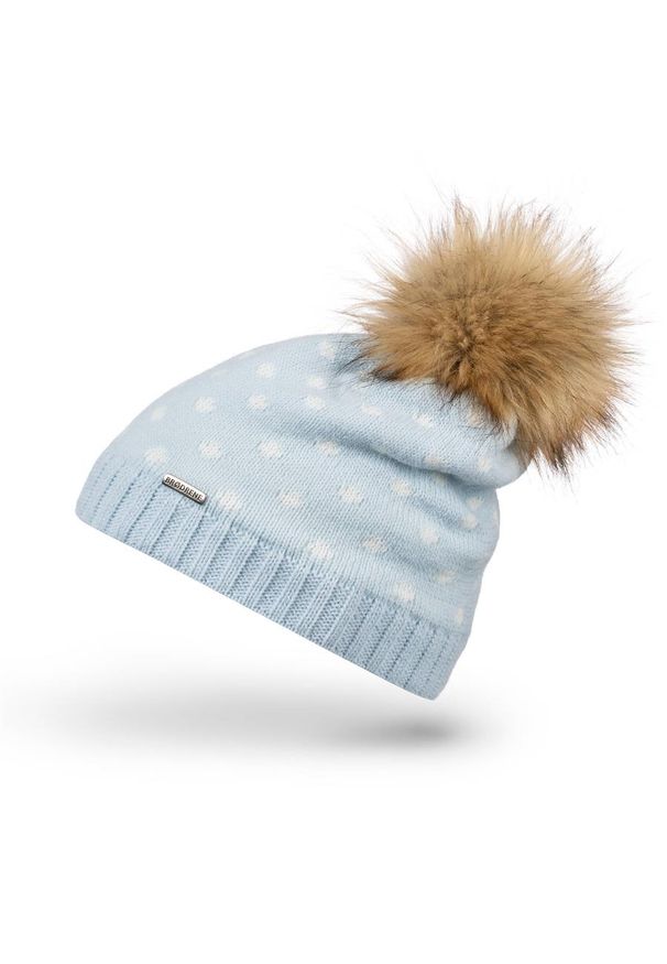 BRODRENE - Czapka zimowa w kropki pompon Brodrene CZ29 niebieska. Kolor: niebieski. Materiał: materiał. Wzór: kropki. Sezon: zima. Styl: elegancki