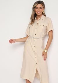 Born2be - Beżowa Wiskozowa Sukienka o Koszulowym Kroju z Paskiem Nelavyn. Okazja: na co dzień, do pracy. Kolor: beżowy. Materiał: wiskoza. Długość rękawa: krótki rękaw. Typ sukienki: koszulowe. Styl: casual, elegancki #6
