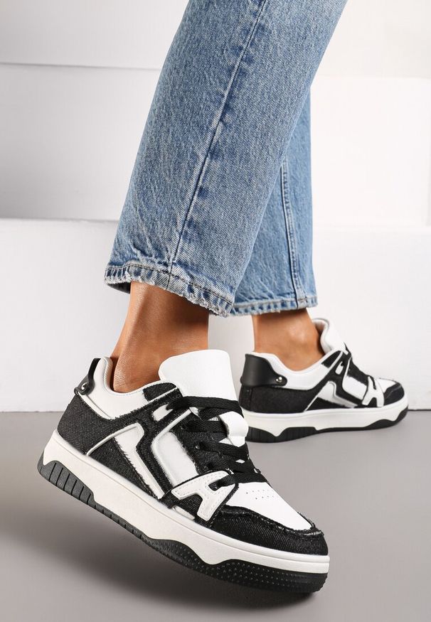 Born2be - Czarno-Białe Sneakersy z Jeansowymi Wstawkami Asailla. Kolor: czarny. Materiał: jeans. Wzór: aplikacja