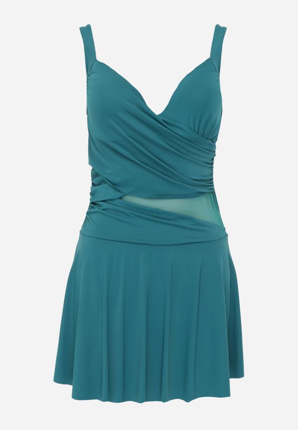 Born2be - Ciemnozielony Strój Kąpielowy Jednoczęściowy o Kroju Sukienki z Siateczkową Wstawką Earena. Kolekcja: plus size. Kolor: zielony