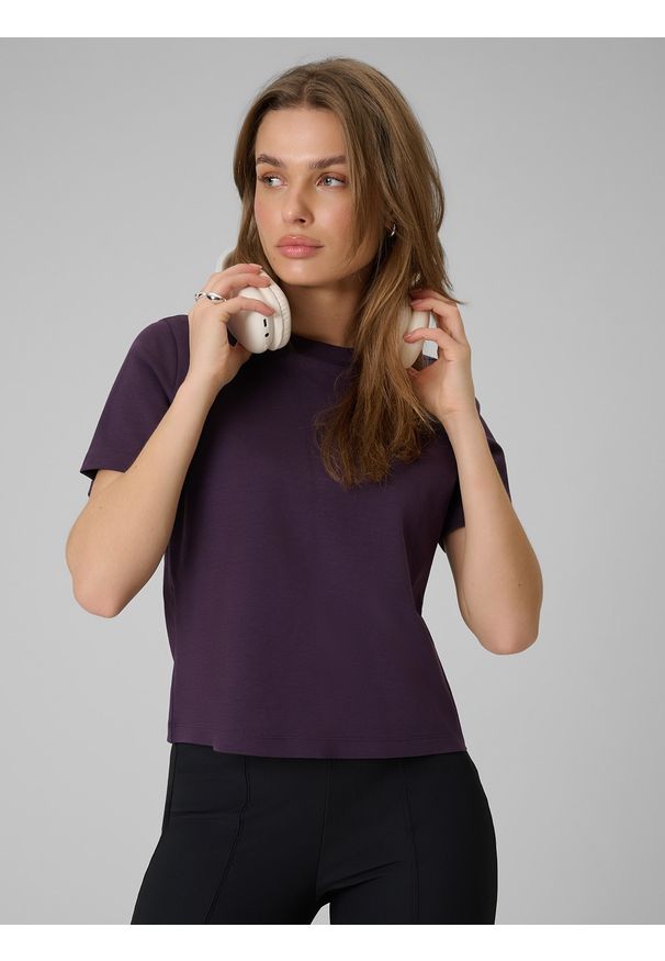4f - 4F T-shirt regular gładki damski - fioletowy XL. Okazja: na co dzień. Kolor: fioletowy. Materiał: bawełna, dzianina. Długość rękawa: krótki rękaw. Długość: krótkie. Wzór: gładki. Styl: casual