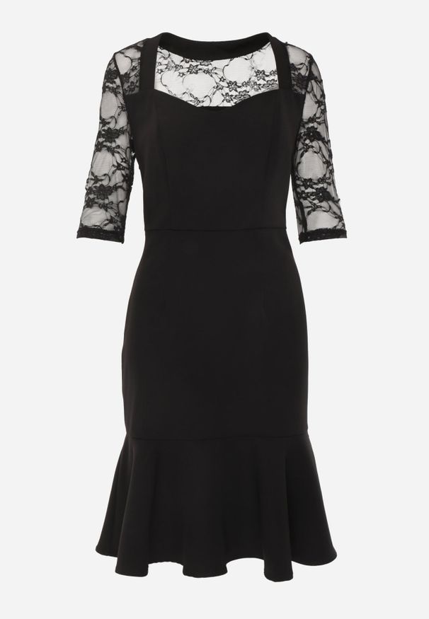 Renee - Czarna Sukienka VICES o Taliowanym Kroju z Rękawami z Koronki Metirei. Kolor: czarny. Materiał: koronka. Wzór: koronka. Styl: elegancki