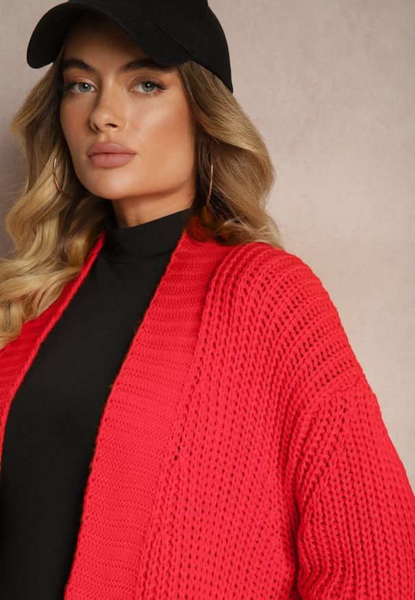 Renee - Czerwony Kardigan z Kieszeniami Niezapinany Parika. Okazja: na co dzień, na spotkanie biznesowe. Kolor: czerwony. Materiał: jeans. Styl: wizytowy, biznesowy, elegancki, casual