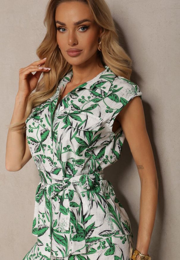 Renee - Zielono-Biały Komplet Szerokie Spodnie High Waist na Guziki z Paskiem Podkreślającym Talię Jinelia. Kolor: zielony. Materiał: materiał. Wzór: aplikacja