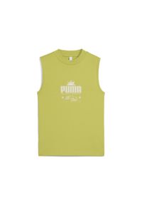Puma - Damska wąska koszulka bez rękawów Palm Resort z grafiką PUMA Sea Kelp Green. Kolor: zielony. Materiał: guma. Długość rękawa: bez rękawów. Wzór: nadruk. Sport: bieganie