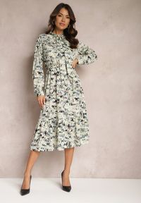 Renee - Zielona Rozkloszowana Sukienka Midi z Falbanką i Gumką w Talii Viglira. Kolor: zielony. Styl: elegancki. Długość: midi #5