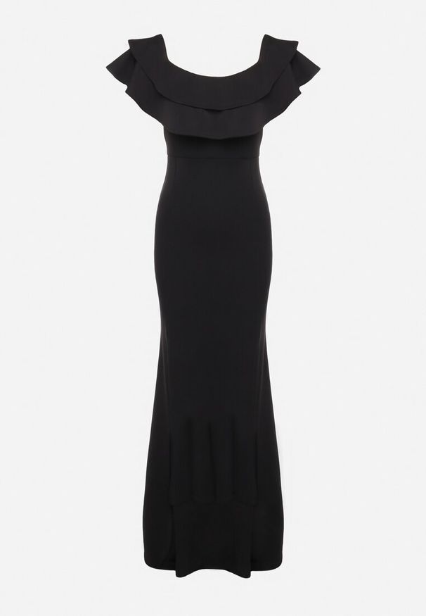 Born2be - Czarna Elegancka Sukienka Typu Hiszpanka z Rozkloszowanym Dołem i Wycięciami Tumini. Typ kołnierza: dekolt hiszpanka. Kolor: czarny. Materiał: dzianina. Sezon: lato. Styl: elegancki
