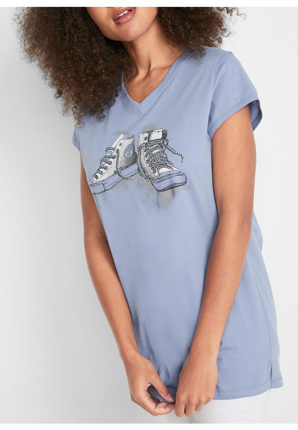 bonprix - Długi shirt z nadrukiem. Kolor: niebieski. Długość: długie. Wzór: nadruk