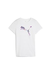 Puma - Damska koszulka z logo GRAPHICS Floral Cat PUMA White. Kolor: biały. Materiał: guma. Wzór: nadruk, kwiaty. Sport: fitness