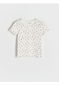 Reserved - Wzorzysty t-shirt - złamana biel. Materiał: bawełna