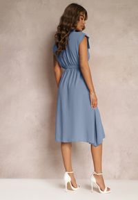 Renee - Niebieska Sukienka Midi z Guzikami i Materiałowym Paskiem Nylalik. Kolor: niebieski. Materiał: materiał. Wzór: gładki. Długość: midi #2