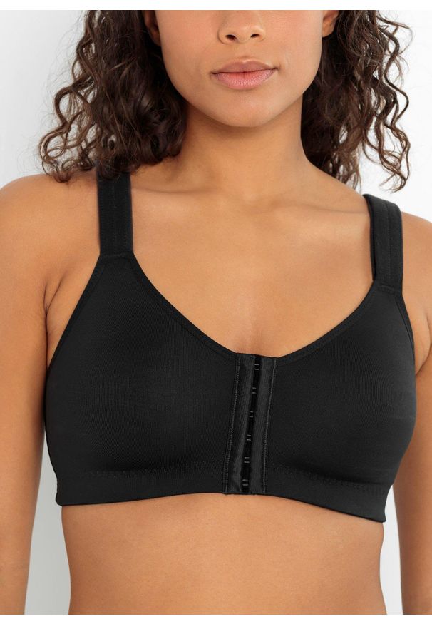 bonprix - Biustonosz sportowy z zapięciem z przodu, silny stopień podtrzymywania biustu. Kolor: czarny