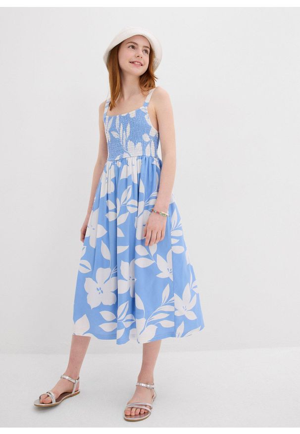 bonprix - Sukienka z lejącej wiskozy. Kolor: niebieski. Materiał: wiskoza. Wzór: nadruk. Długość: midi