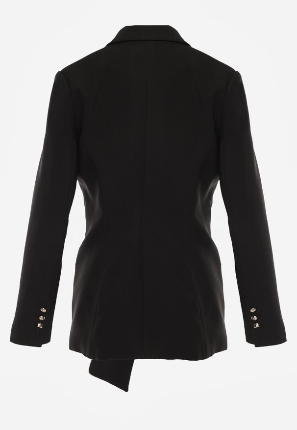 Born2be - Czarna Taliowana Marynarka z Wiskozą z Marszczeniem i Aplikacją przy Wiązaniu Alyndra. Okazja: na spotkanie biznesowe, do pracy. Kolor: czarny. Materiał: wiskoza. Wzór: aplikacja. Styl: biznesowy, elegancki, wizytowy