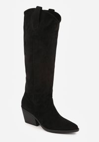 Renee - Czarne Kozaki Kowbojki na Stożku z Gładką Cholewką z Imitacji Zamszu Halille. Nosek buta: otwarty. Kolor: czarny. Materiał: zamsz. Szerokość cholewki: normalna. Wzór: gładki. Obcas: na stożku. Wysokość obcasa: średni #4