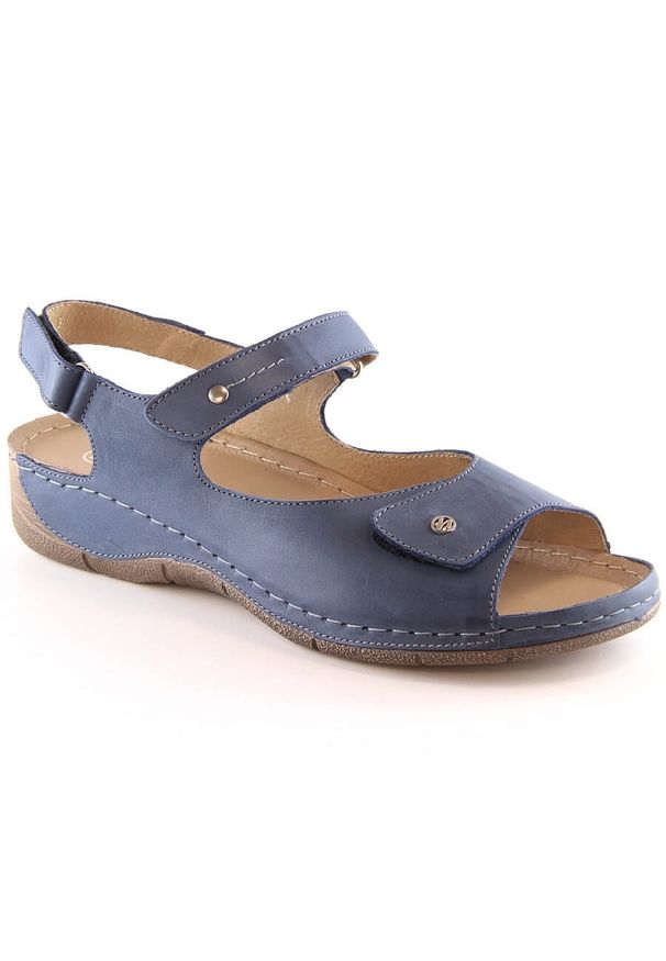 Skórzane komfortowe sandały damskie na rzepy granatowe Helios 266-2 niebieskie. Zapięcie: rzepy. Kolor: niebieski. Materiał: skóra