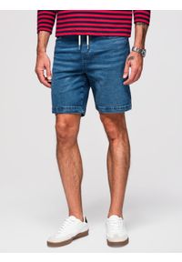 Ombre Clothing - Męskie szorty z gumką w pasie i efektem sprania – niebieskie V2 - Rozmiar: XL. Okazja: na co dzień. Kolor: niebieski. Materiał: denim, materiał, skóra, bawełna, elastan. Sezon: lato. Styl: elegancki, casual #1