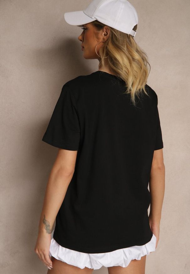 Renee - Czarny Bawełniany T-shirt z Ozdobnym Nadrukiem i Cyrkoniami Teomala. Kolor: czarny. Materiał: bawełna. Wzór: nadruk. Styl: klasyczny, elegancki