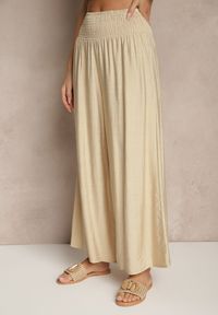 Renee - Beżowe Spodnie z Wiskozą o Szerokim Kroju High Waist Orrana. Okazja: na co dzień. Stan: podwyższony. Kolor: beżowy. Materiał: wiskoza. Styl: elegancki, casual #4