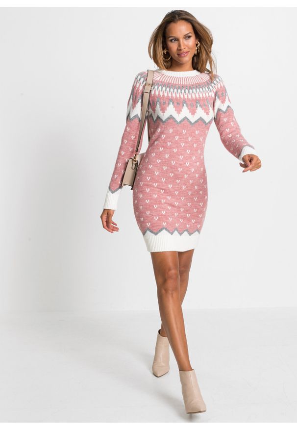 bonprix - Sukienka dzianinowa w norweski wzór. Kolor: różowy. Materiał: dzianina. Sezon: zima. Styl: elegancki