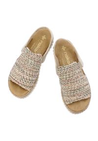 Sandały damskie Rieker, cholewka z materiału tekstylnego wsuwany fason na platformie, beżowe, 69276-60. Kolor: beżowy. Materiał: materiał. Obcas: na platformie #6