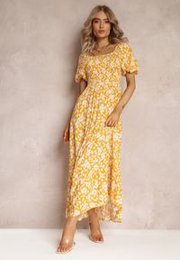 Renee - Żółta Trapezowa Sukienka Bawełniana w Kwiaty Cresenia. Kolor: żółty. Materiał: bawełna. Długość rękawa: krótki rękaw. Wzór: kwiaty. Typ sukienki: trapezowe #5
