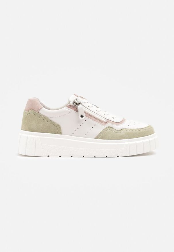Born2be - Biało-Zielone Skórzane Sneakersy w Streetwearowym Stylu Zdobione Suwakiem Elearessa. Okazja: na co dzień. Kolor: biały. Materiał: skóra. Wzór: aplikacja. Sezon: jesień, wiosna. Obcas: na platformie