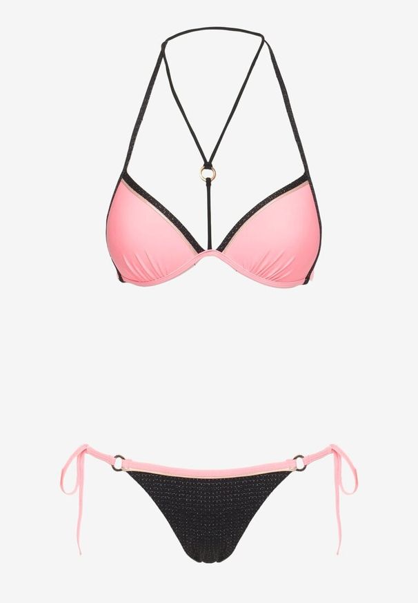Renee - Różowe Bikini Dwuczęściowe Wiązany Biustonosz i Figi ze Sznurkami Lutella. Kolor: różowy. Wzór: aplikacja