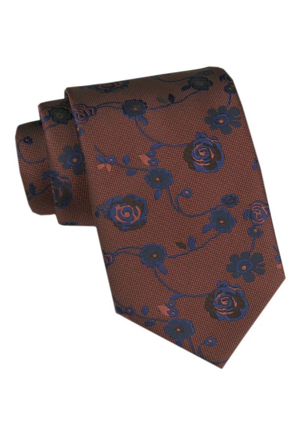 Męski Krawat - Angelo di Monti - Brązowy, Niebieskie Róże. Kolor: wielokolorowy, beżowy, brązowy. Materiał: tkanina. Styl: wizytowy, elegancki