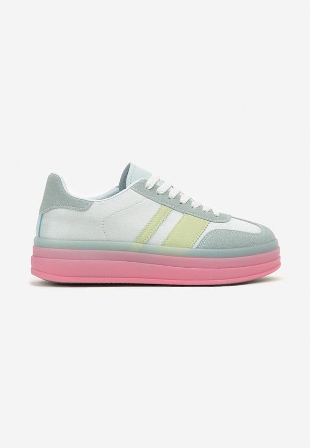 Renee - Niebiesko-Różowe Sneakersy w Stylu Tenisówek z Geometrycznym Wzorem Melundea. Okazja: na co dzień. Kolor: niebieski. Materiał: jeans. Wzór: geometria. Obcas: na obcasie. Wysokość obcasa: niski