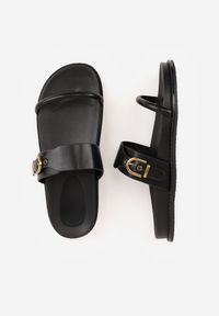 Renee - Czarne Klapki Ozdobione Paskami i Metaliczną Klamrą Ophiusi. Okazja: na co dzień. Kolor: czarny. Materiał: jeans. Wzór: aplikacja. Styl: casual #9