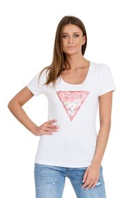 Guess - GUESS Biały damski t-shirt Satin Triangle Tee, Rozmiar XS. Kolor: biały #3