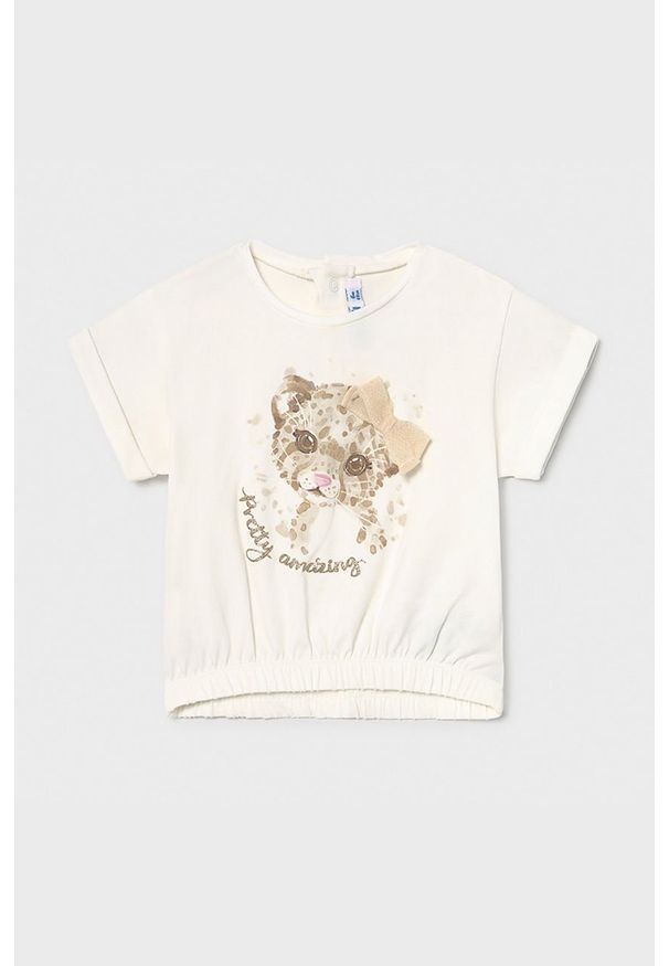 Mayoral - T-shirt dziecięcy 74-98 cm. Kolor: kremowy. Materiał: bawełna, dzianina, elastan. Długość rękawa: krótki rękaw. Długość: krótkie. Wzór: aplikacja