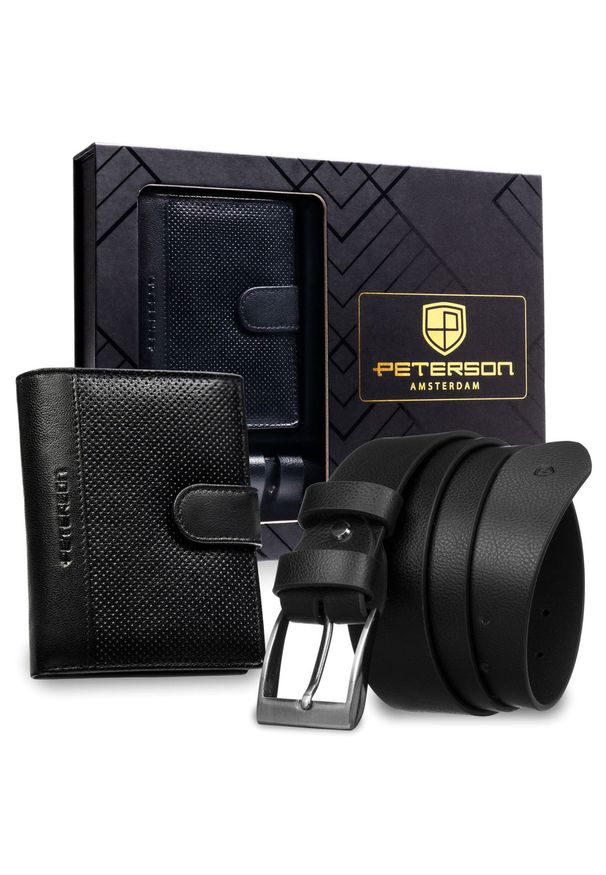 Zestaw prezentowy: skórzany, pionowy portfel męski w czarnym kolorze i czarny pasek ze skóry ekologicznej - Peterson. Kolor: czarny. Materiał: skóra ekologiczna