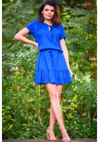 Awama - Letnia Sukienka z Wiązaniem przy Dekolcie - Niebieska. Kolor: niebieski. Materiał: elastan, wiskoza. Sezon: lato