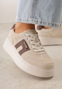 Renee - Beżowe Perforowane Sneakersy Chunky ze Skóry Naturalnej na Platformie Silvanatea. Kolor: beżowy. Materiał: skóra. Obcas: na platformie #8