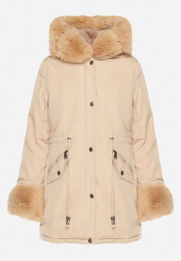 Born2be - Beżowa Kurtka Parka z Kapturem i Wstawkami z Futerka Caranze. Okazja: na co dzień. Typ kołnierza: kaptur. Kolor: beżowy. Materiał: futro. Sezon: jesień, zima. Styl: casual
