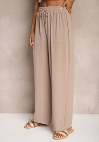 Renee - Ciemnobeżowe Spodnie High Waist ze Sznurkiem w Talii i Prostą Nogawką Raveann. Okazja: na co dzień. Stan: podwyższony. Kolor: beżowy. Styl: casual #5