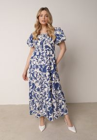 Born2be - Niebieska Rozkloszowana Sukienka z Wiskozy z Bufiastymi Rękawami w Roślinny Wzór Semea. Okazja: do pracy, na co dzień, na spotkanie biznesowe. Kolor: niebieski. Materiał: wiskoza. Sezon: lato. Typ sukienki: proste, rozkloszowane. Styl: biznesowy, casual. Długość: maxi #7