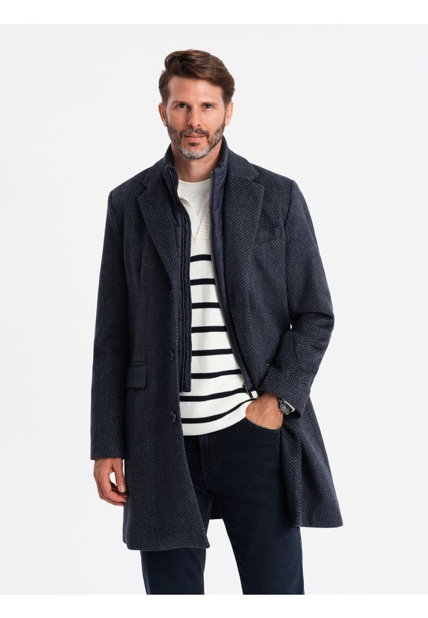Ombre Clothing - Rozpinany męski płaszcz z wełną – granatowy V1. Kolor: niebieski. Materiał: wełna. Sezon: zima. Styl: elegancki