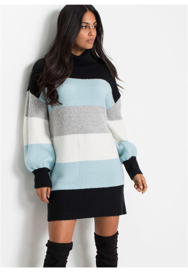 bonprix - Długi sweter. Typ kołnierza: golf. Kolor: czarny. Długość: długie. Wzór: paski