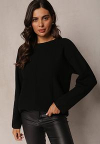 Renee - Czarny Sweter z Długim Rękawem i Przeszyciami Eviana. Kolor: czarny. Materiał: bawełna, tkanina, wiskoza. Długość rękawa: długi rękaw. Długość: długie. Wzór: aplikacja #1