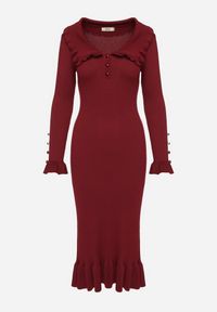 Born2be - Bordowa Prążkowana Sukienka Midi z Kołnierzykiem z Guzikami i Falbanką Prestaria. Okazja: do pracy, na spotkanie biznesowe. Kolor: czerwony. Materiał: prążkowany. Styl: biznesowy. Długość: midi #3