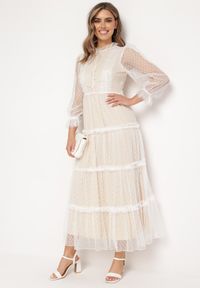 Born2be - Biała Rozkloszowana Sukienka Maxi z Przezroczystszego Tiulu Ozdobiona Koronką Lanessa. Kolor: biały. Materiał: tiul, koronka. Wzór: aplikacja, koronka. Długość: maxi #6