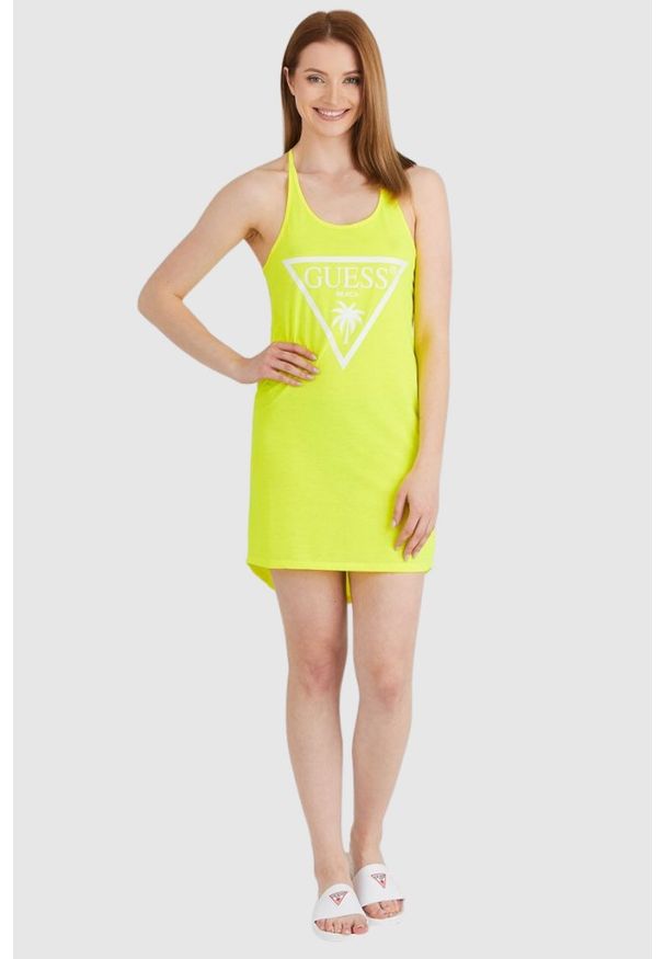 Guess - GUESS Żółta damska neonowa sukienka z trójkątnym logo na ramiączka, Rozmiar XS. Kolor: żółty. Materiał: poliester. Długość rękawa: na ramiączkach. Wzór: nadruk