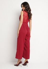 Born2be - Bordowy Kombinezon Bez Rękawów z Szeroką Nogawką i Siateczkowymi Zdobieniami Nalavie. Okazja: na co dzień, na imprezę. Kolor: czerwony. Materiał: skóra. Długość rękawa: bez rękawów. Wzór: aplikacja. Styl: casual, elegancki #7