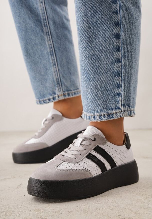 Renee - Biało-Szare Sneakersy ze Skóry Naturalnej na Platformie z Perforacją i Paskami Urevla. Okazja: na co dzień. Zapięcie: pasek. Kolor: biały. Materiał: skóra. Obcas: na platformie